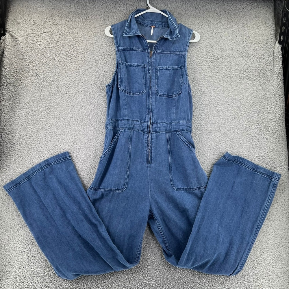 Free People Denim Jumpsuit Blue Sleeveless Wide Leg Utility Coverall Sze 12 READ